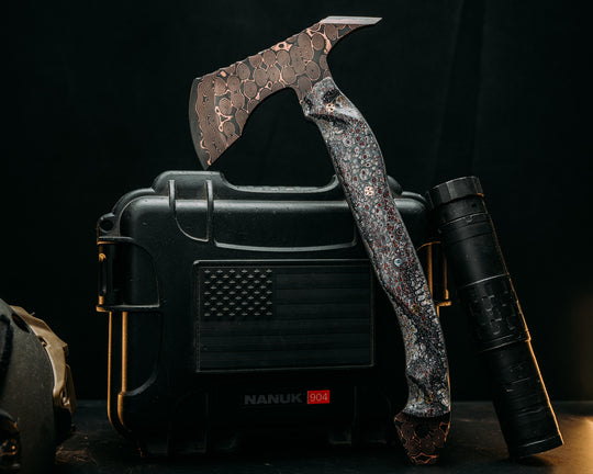 Recce Alpha Hawk- Baker Forge Raindrop CopperMai- Fordite in Resin, Mosaic Pins, Textured Grip