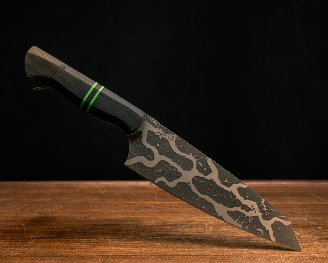 Santoku- Black G10, Green Glow G10 and Black G10 Split, CF Pins, Smooth Grip