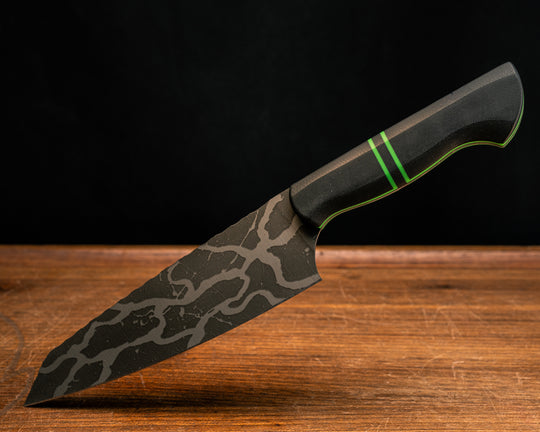 Santoku- Black G10, Green Glow G10 and Black G10 Split, CF Pins, Smooth Grip