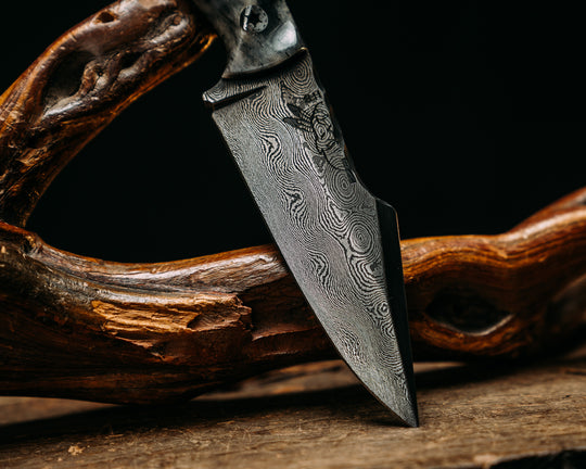 Widow Maker Jr- Baker Forge Raindrop Damascus- Dyed Giraffe Bone, Mosaic Pins, Textured Grip