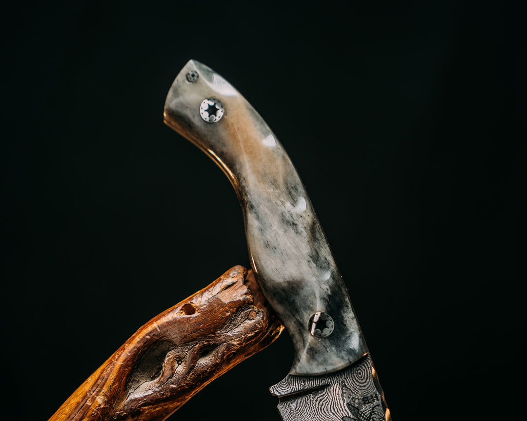 Widow Maker Jr- Baker Forge Raindrop Damascus- Dyed Giraffe Bone, Mosaic Pins, Textured Grip