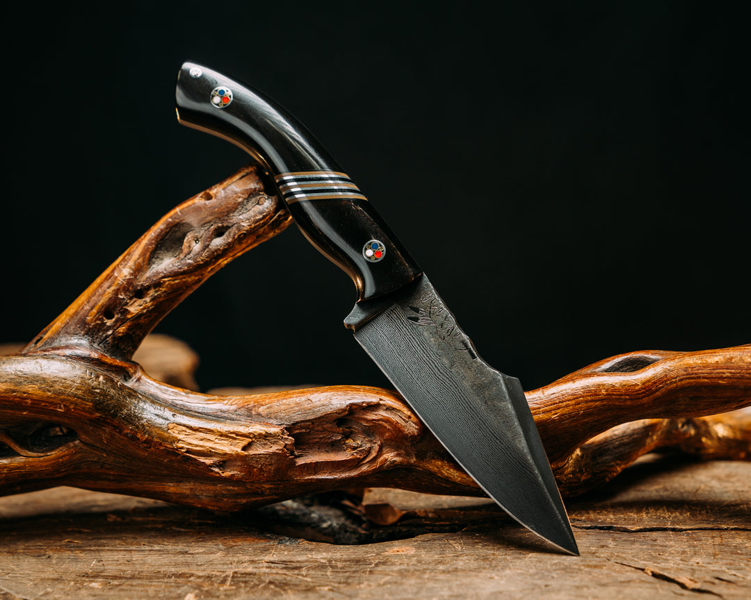 Widow Maker Jr- Baker Forge Random Pattern Damascus- Bison Horn, Black G10, Coyote G10 and Aluminum Split, Patriot Mosaic Pins, Smooth Grip