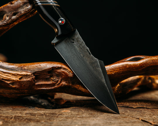 Widow Maker Jr- Baker Forge Random Pattern Damascus- Bison Horn, Black G10, Coyote G10 and Aluminum Split, Patriot Mosaic Pins, Smooth Grip