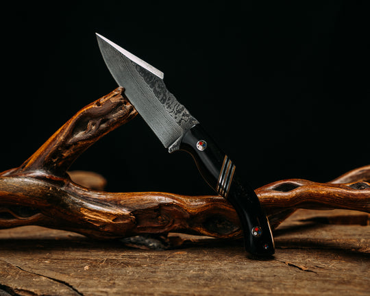 Widow Maker Jr- Baker Forge Random Pattern Damascus- Bison Horn, Black G10, Coyote G10 and Aluminum Split, Patriot Mosaic Pins, Smooth Grip