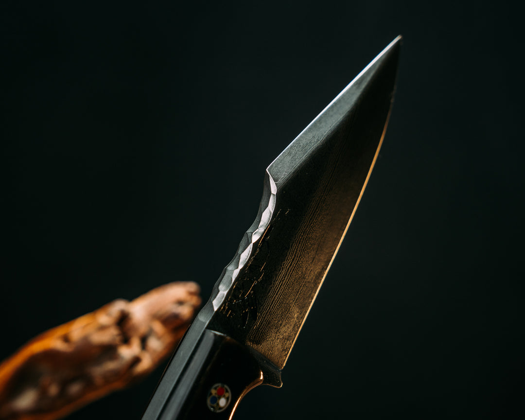 Widow Maker Jr- Baker Forge Random Pattern Damascus- Bison Horn, Black G10, Coyote G10 and Aluminum Split, Patriot Mosaic Pins, Smooth Grip