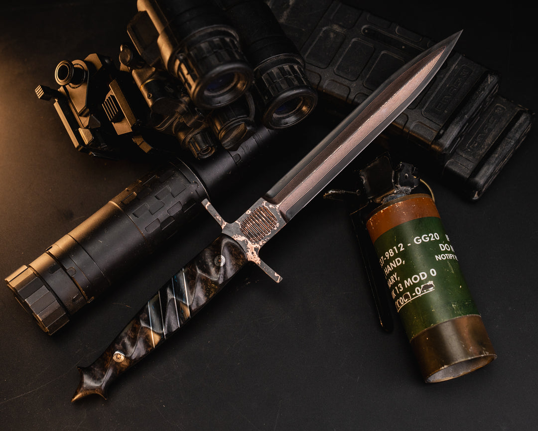 V-42 Dagger- Baker Forge Random Pattern CopperMai- Dyed Redwood, Black G10 and Aluminum Pin Striping, Blue Dark Matter Carbon and Black Canvas Micarta Split, Mosaic Pins, Textured Grip