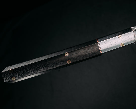 Katana- Baker Forge FireStorm - Chevron (Dam Core)- Meteorite, Black G10 and Copper Split, Carbon Fiber Mosaic Pins, Smooth Angled Grip
