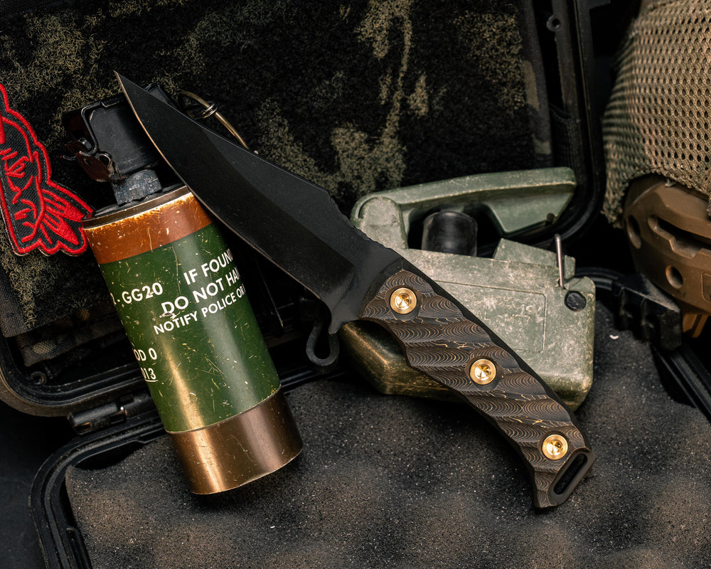 Tosahwi- Gold Camo Carbon, Armor Black Cerakote, Brass Allen Bolts, Textured Grip