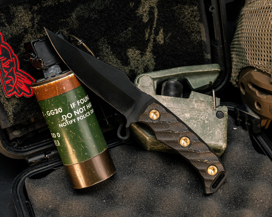 Tosahwi- Gold Camo Carbon, Armor Black Cerakote, Brass Allen Bolts, Textured Grip