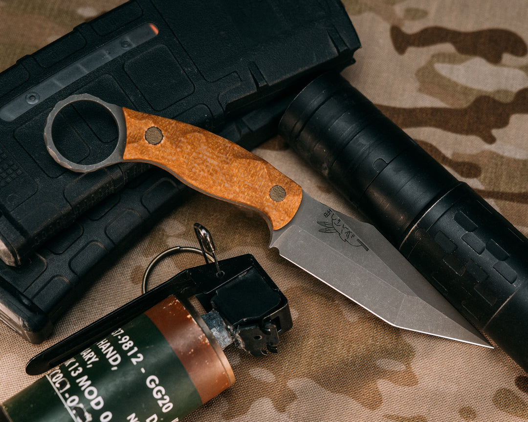 Ringed Tac Tanto- Castille Jute Micarta, OD Green Micarta Pins, Chaos Grip
