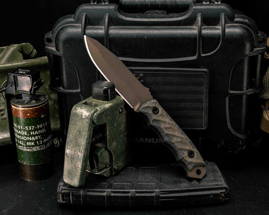 Disaster Jr- OD Green/Black Canvas Micarta, Midnight Bronze Cerakote, Allen Bolts, Textured Grip