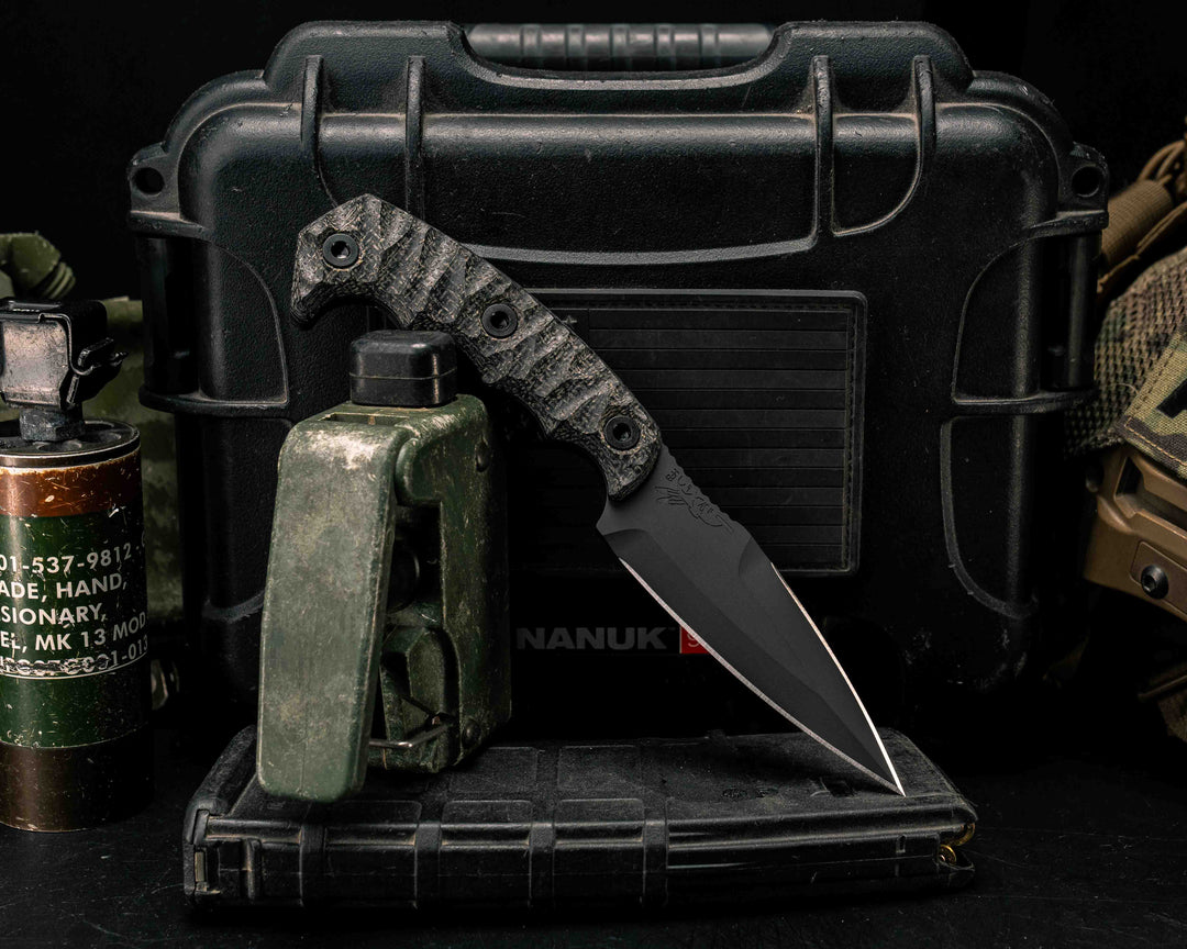 4" HUMINT - Black Canvas Micarta, Armor Black Cerakote, Allen Bolts, Textured Grip