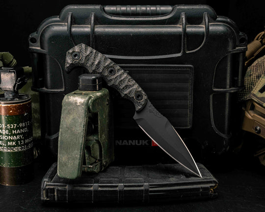 4" HUMINT - Black Canvas Micarta, Armor Black Cerakote, Allen Bolts, Textured Grip