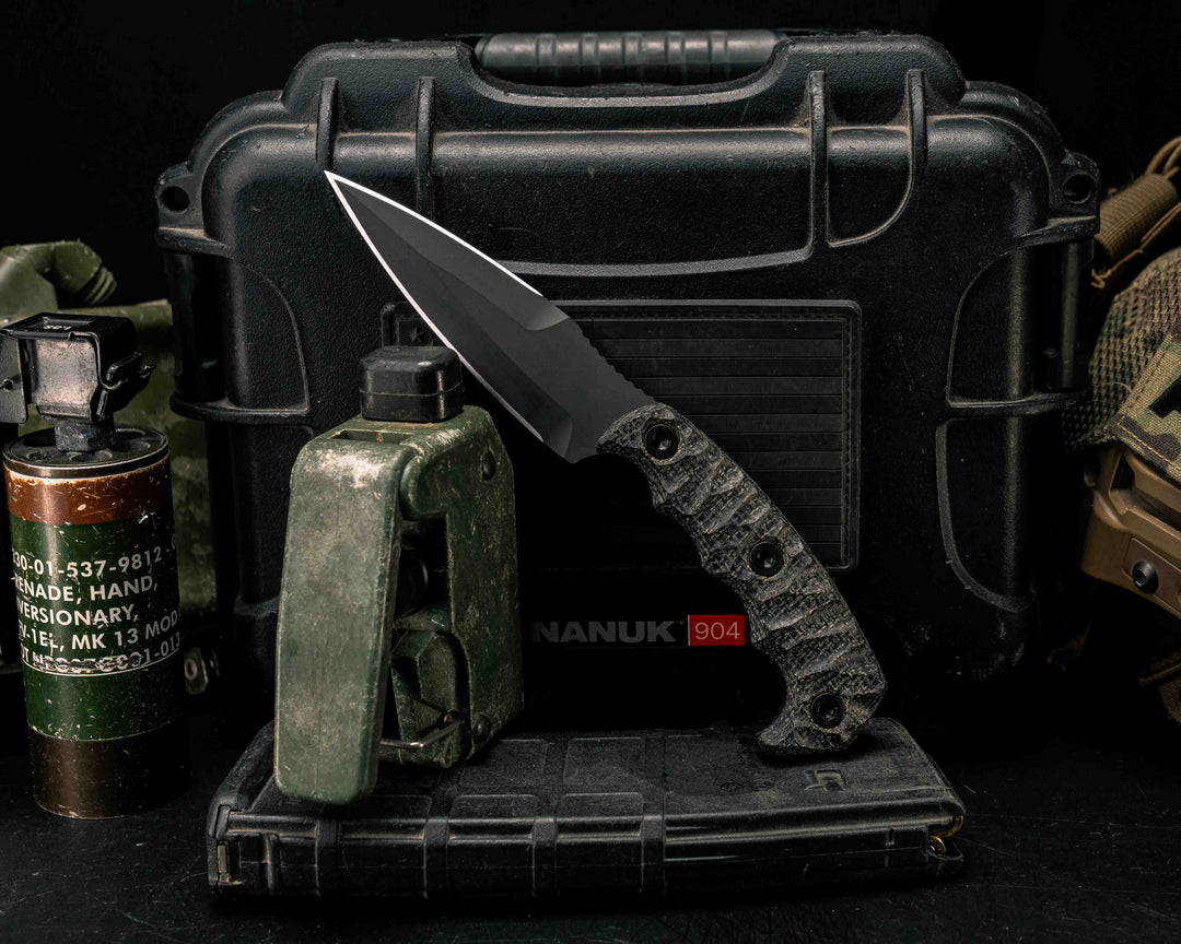 4" HUMINT - Black Canvas Micarta, Armor Black Cerakote, Allen Bolts, Textured Grip