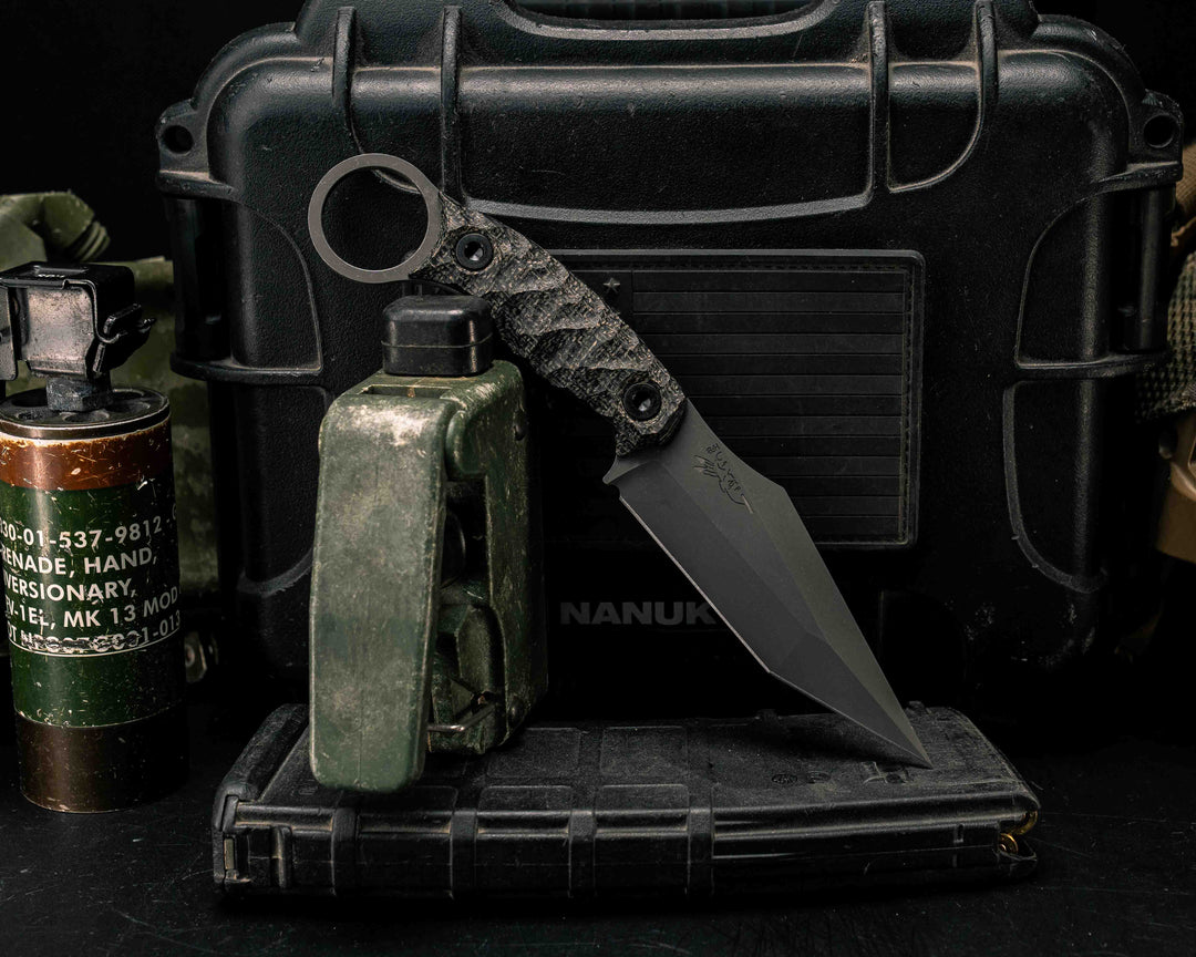 Ringed Tac Tanto- Black Burlap Micarta, Allen Bolts, Textured Grip