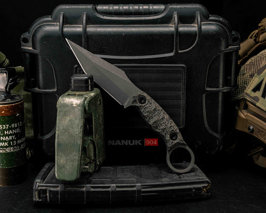 Ringed Tac Tanto- Black Burlap Micarta, Allen Bolts, Textured Grip