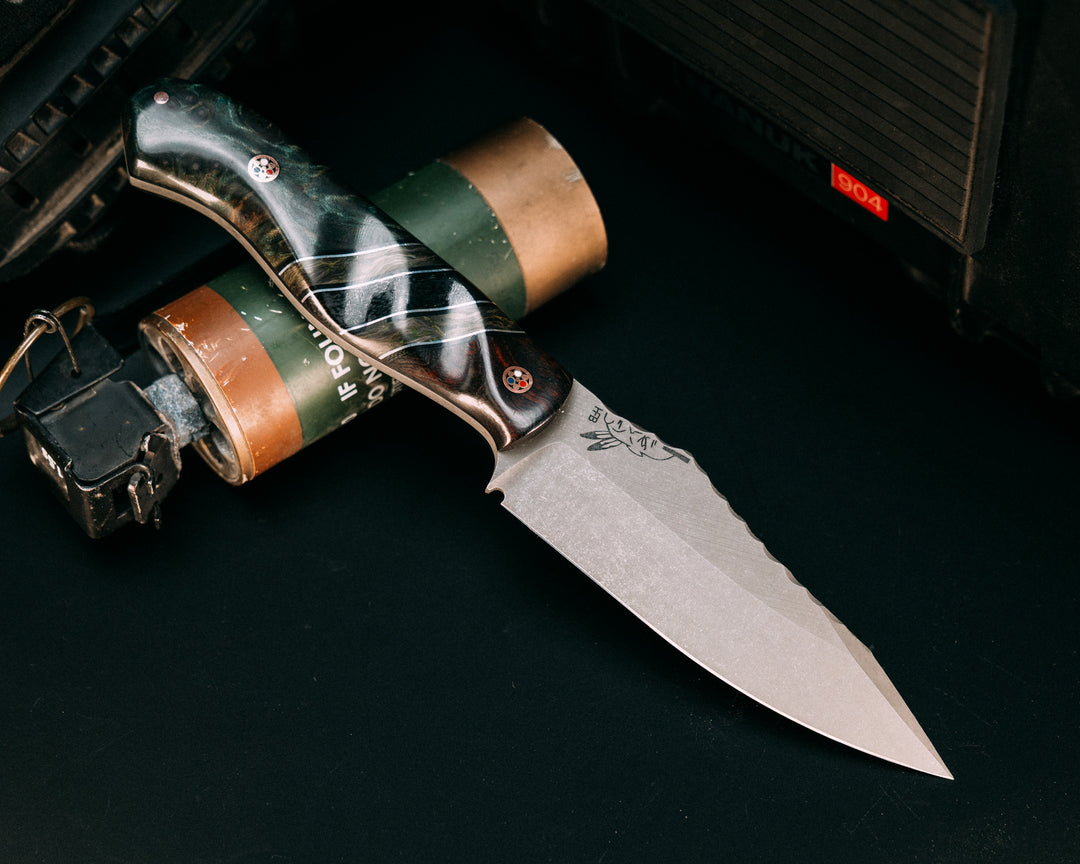 Field Knife- Desert Ironwood, Black G10 and Aluminum Pin Striping, Green Dark Matter FAT Carbon and Black Canvas Micarta Split, Dyed Redwood, Copper Patriot Mosaic Pins, 1/8" Copper Pin, Contoured Grip
