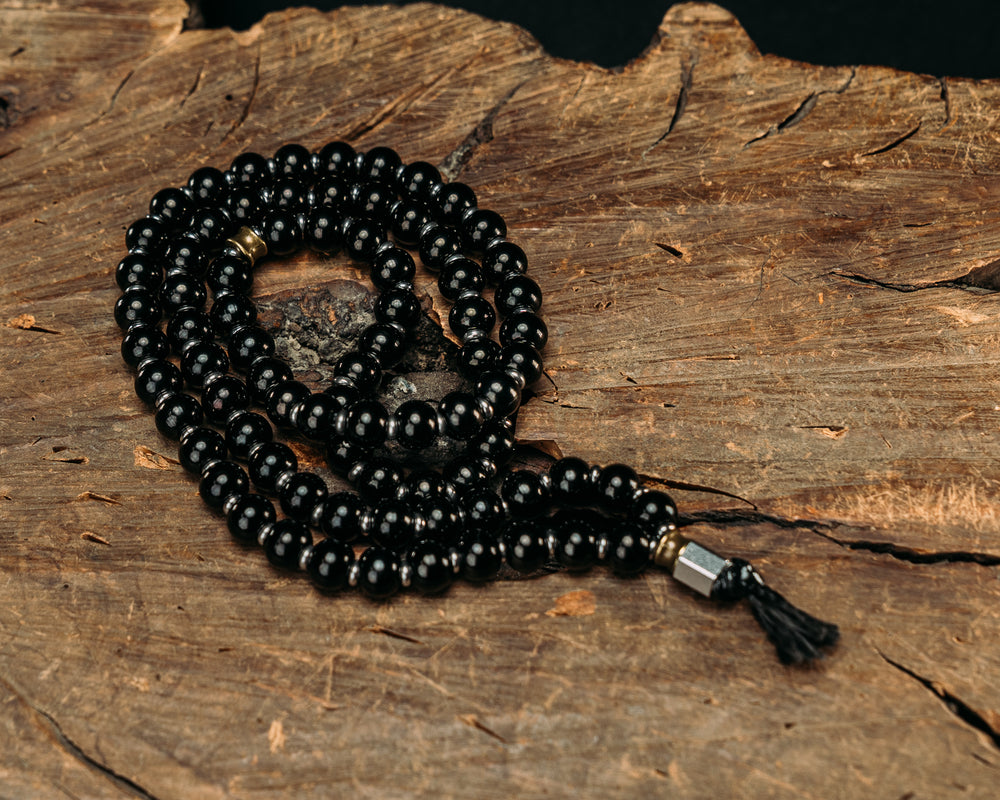 War Mala Bead Necklace - Black SS 10mm Beads w/ Silver Spacers & Silver Hexagon End Piece