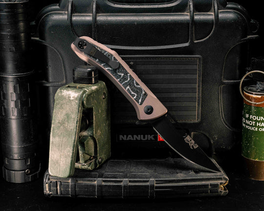 Custom Kwaiken Folder- Black Brain Coral, Grey Anodized Handle, Black Nitride Blade, Textured Grip, Deep Carry Pocket Clip
