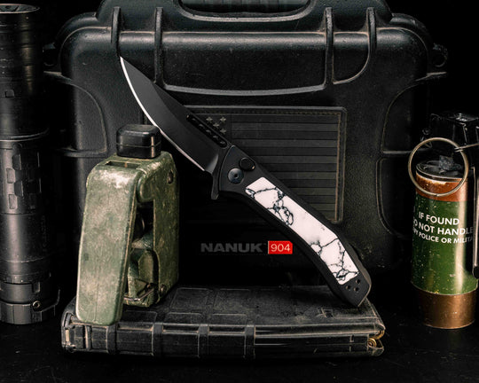 Custom Kwaiken Folder- White with Black Web Tru Stone, Anodized Black Handle, Black Nitride Blade, Smooth Grip, Deep Carry Pocket Clip