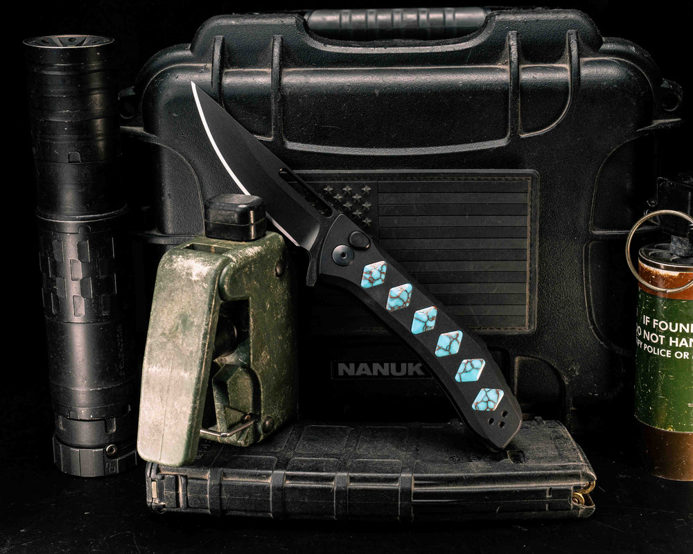 Custom Kwaiken Folder- Turquoise with Copper Web Tru Stone, Anodized Black Handle, Black Nitride Blade, Textured Grip, Deep Carry Pocket Clip