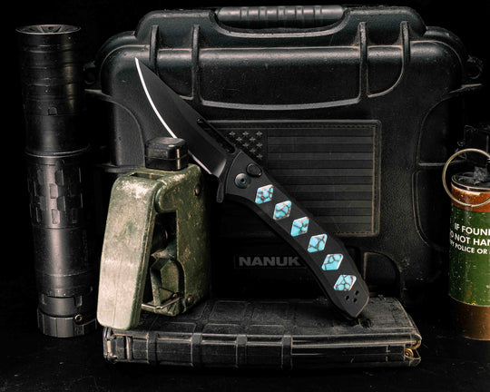 Custom Kwaiken Folder- Turquoise with Copper Web Tru Stone, Anodized Black Handle, Black Nitride Blade, Textured Grip, Deep Carry Pocket Clip