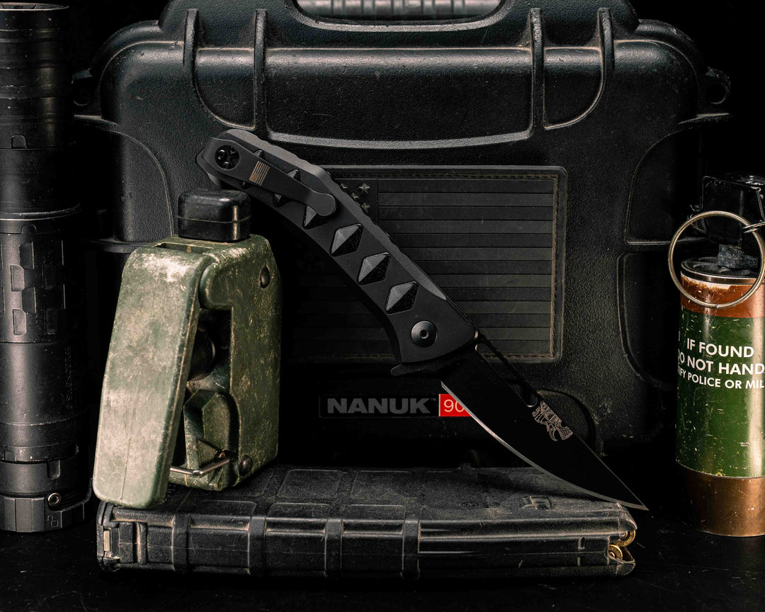 Custom Kwaiken Folder - Water Buffalo Bone Inlay, Anodized Black Handle, Black Nitride Blade, Textured Grip, Deep Carry Pocket Clip