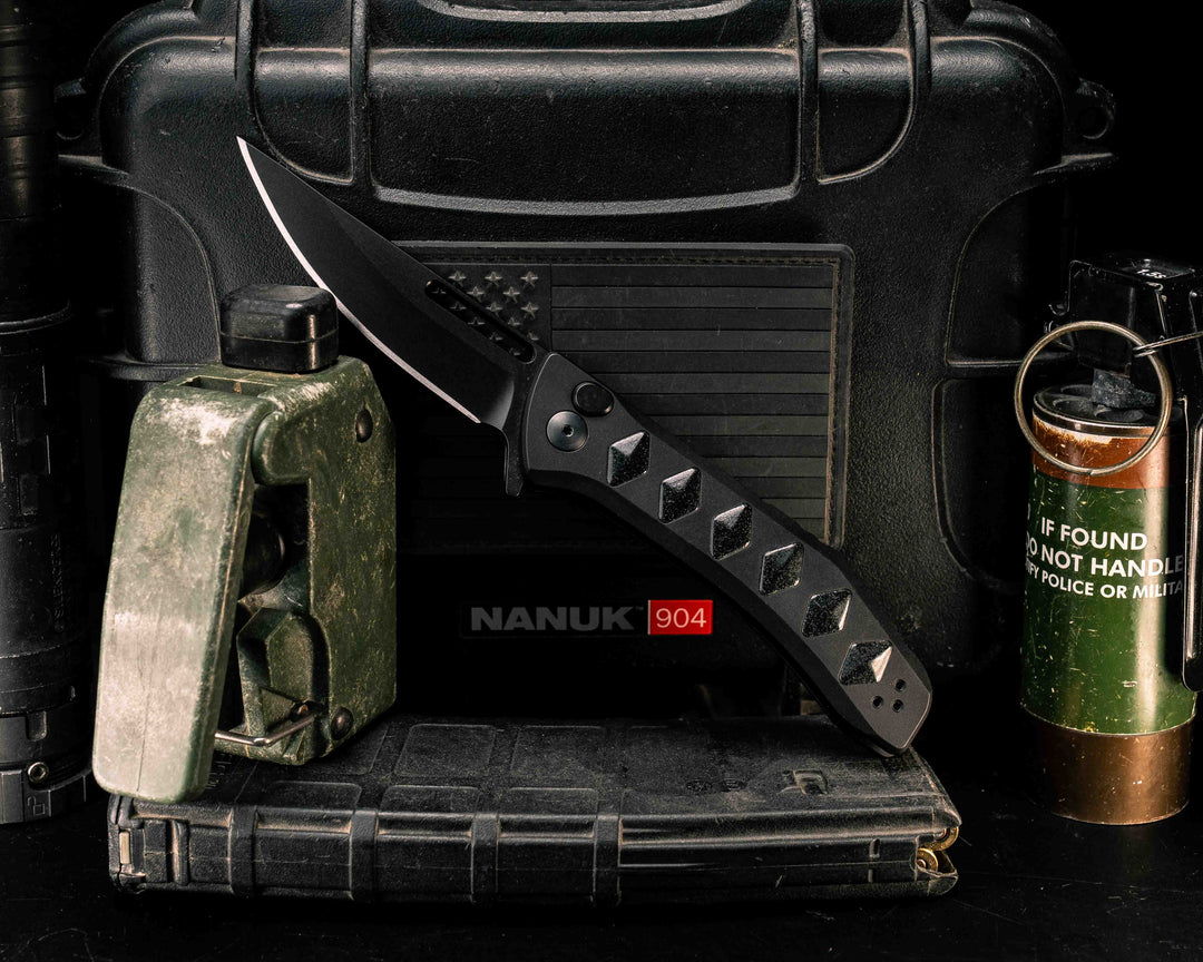 Custom Kwaiken Folder - Resin UV Glow Inlay, Anodized Black Handle, Black Nitride Blade, Textured Grip, Deep Carry Pocket Clip