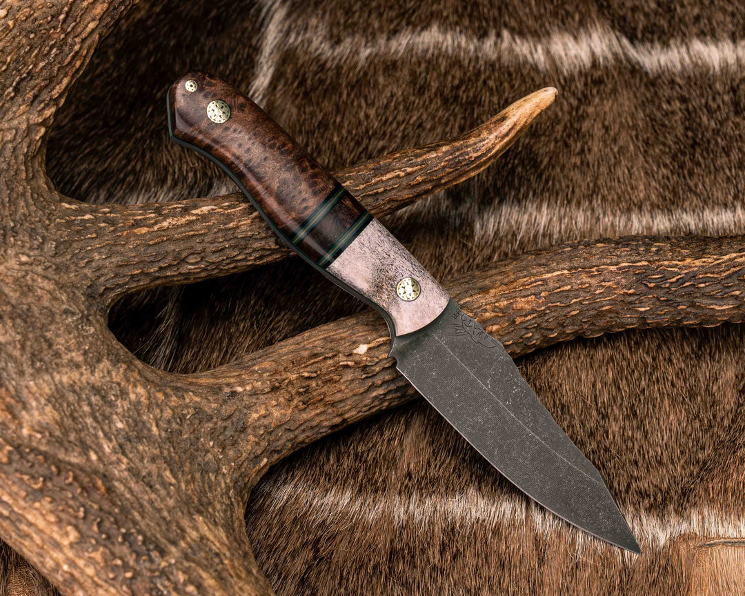 Field Knife Jr- Elk Antler, Black G10, Forest Green G10 and Coyote G10 Pin Striping, Redwood Burl Split, Redwood, Brass Mosaic Pins, Textured Grip