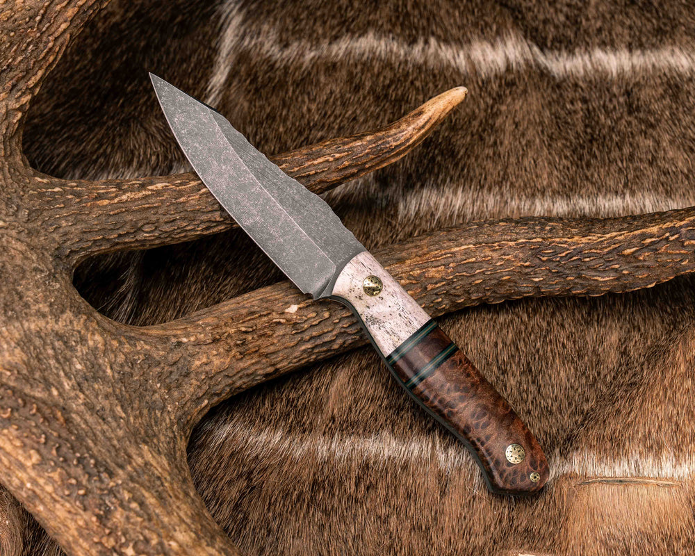 Field Knife Jr- Elk Antler, Black G10, Forest Green G10 and Coyote G10 Pin Striping, Redwood Burl Split, Redwood, Brass Mosaic Pins, Textured Grip
