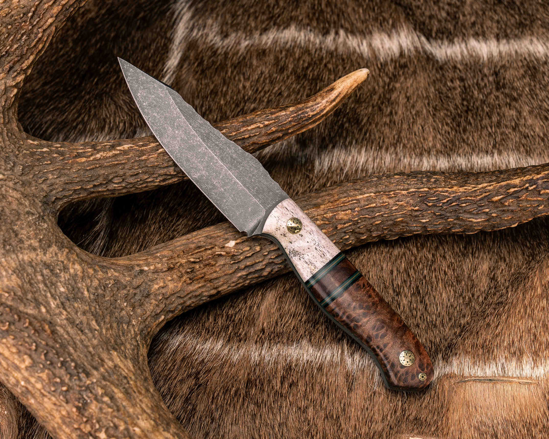 Field Knife Jr- Elk Antler, Black G10, Forest Green G10 and Coyote G10 Pin Striping, Redwood Burl Split, Redwood, Brass Mosaic Pins, Textured Grip