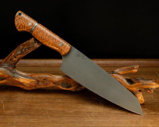 Santoku- Afzelia, Black G10, Aluminum and Copper Split, Mosaic Pins, CF Lanyard Pin, Smooth Grip