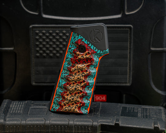 AR style Grip System - Crow Carbon Fiber on Orange G10, Gun Metal Gray Cerakote, Snake Grip
