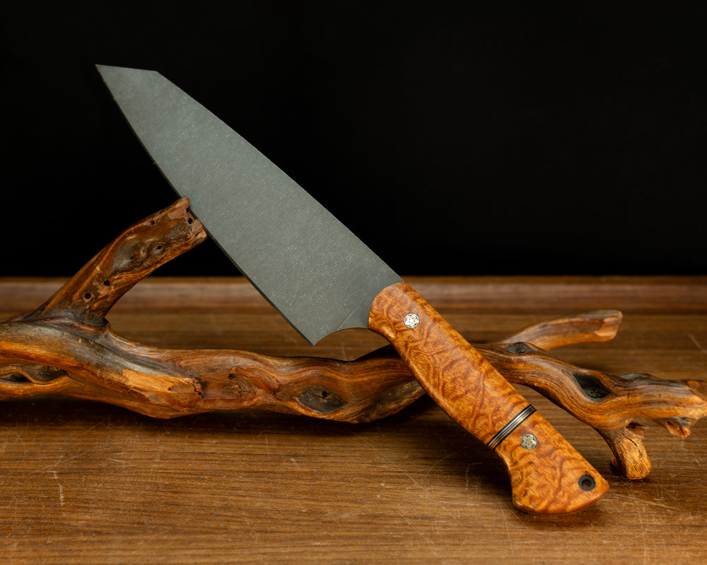 Santoku- Afzelia, Black G10, Aluminum and Copper Split, Mosaic Pins, CF Lanyard Pin, Smooth Grip