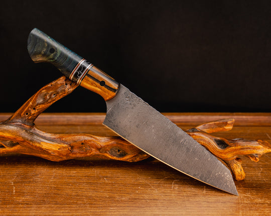 Santoku- Black and White Ebony, Black G10, Grey G10, Brass, Natural Canvas Micarta, and Aluminum Pin Striping, Black with White Web Tru-stone Split, Dyed Maple, CF Pins, Smooth Grip