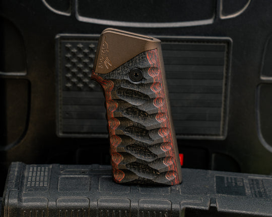 AR style Grip System - Black Burlap Micarta Over Brass and Lava Flow FAT Carbon, Midnight Bronze Cerakote, Snake Grip