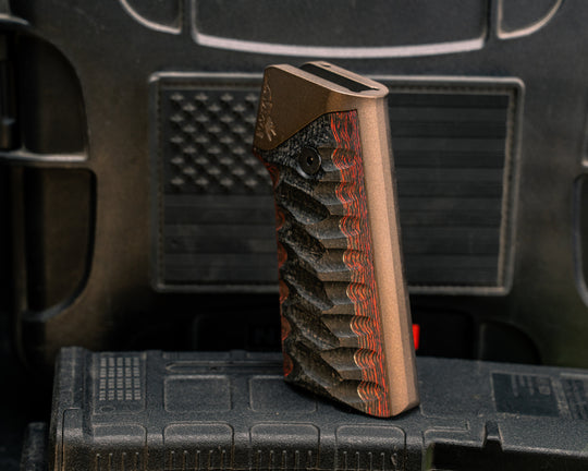 AR style Grip System - Black Burlap Micarta Over Brass and Lava Flow FAT Carbon, Midnight Bronze Cerakote, Snake Grip