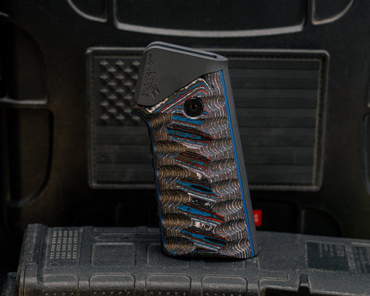 AR style Grip System - Nebula FAT Carbon Over Blue G10, Gun Metal Gray Cerakote, Snake Grip