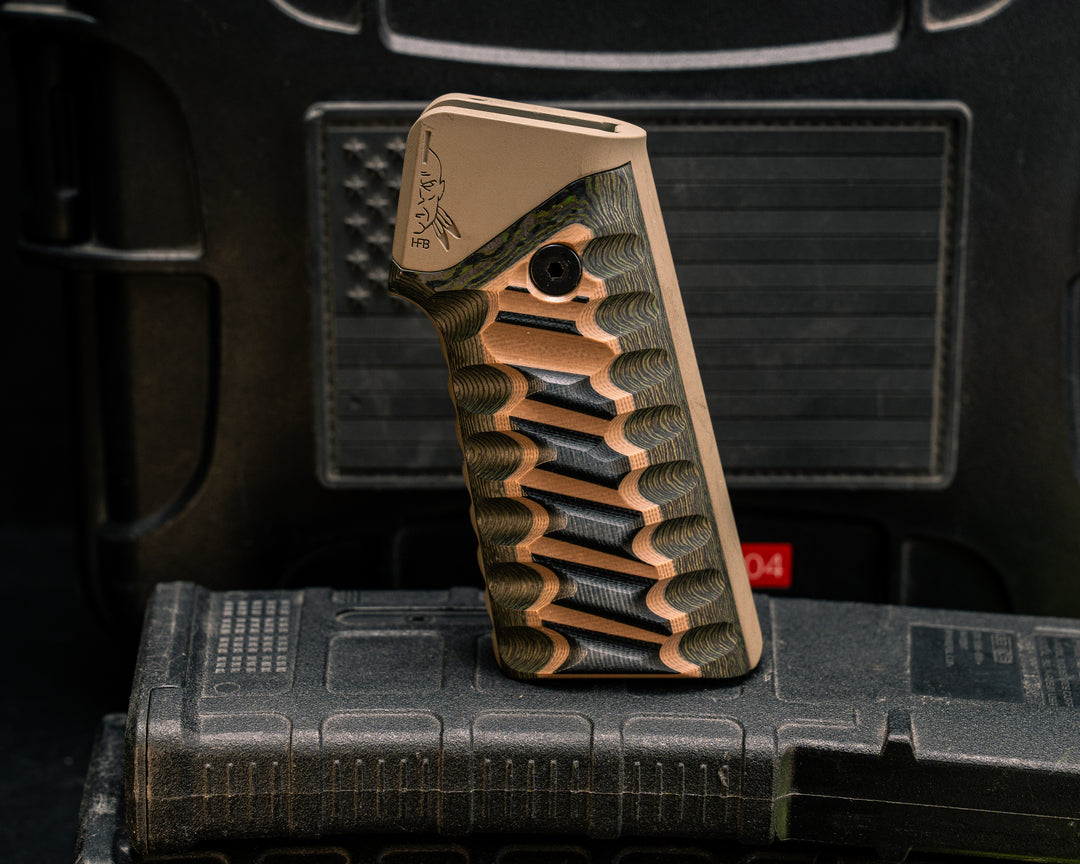 AR style Grip System - Black and Coyote G10 Over Jungle Wear FAT Carbon, Magpul FDE Cerakote, Snake Grip