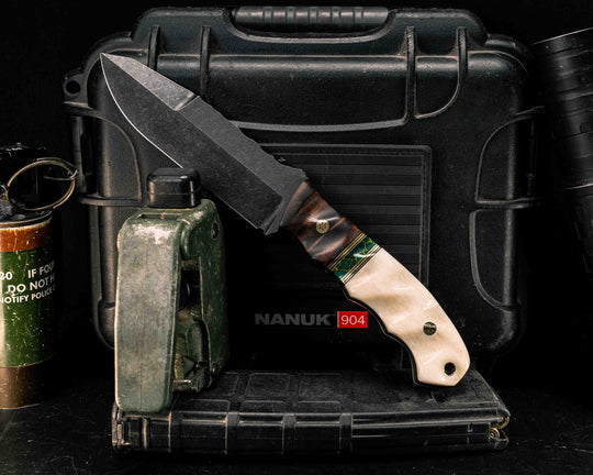 Disaster Breacher Gen 3- Hawaiian Curly Koa, Black G10 and Brass Pin Striping, Arizona Jade Tru-stone Split, Giraffe Bone, Mosaic Pins, Brass Lanyard Pin, Textured Grip