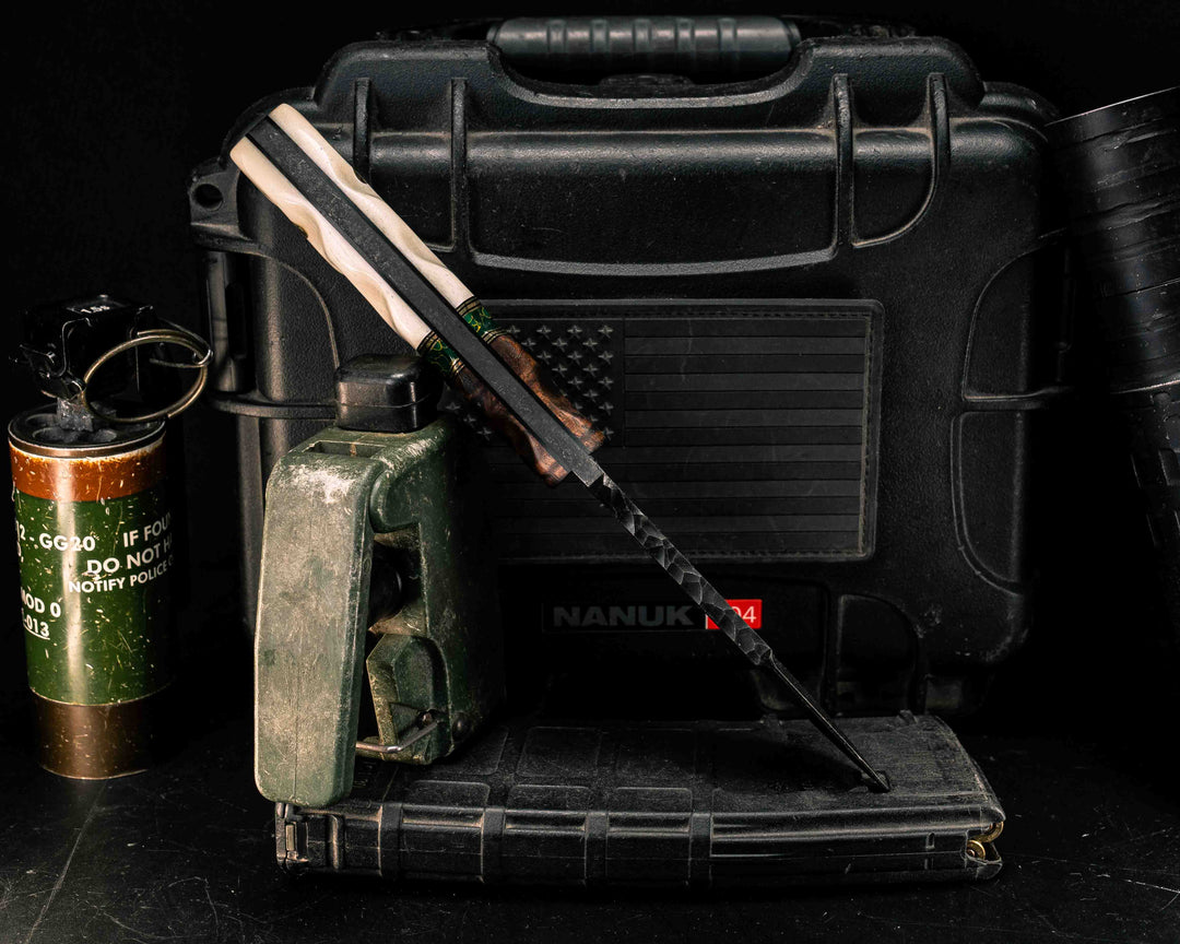 Disaster Breacher Gen 3- Hawaiian Curly Koa, Black G10 and Brass Pin Striping, Arizona Jade Tru-stone Split, Giraffe Bone, Mosaic Pins, Brass Lanyard Pin, Textured Grip