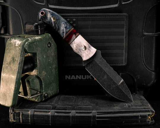 Disaster Cub Gen 3- Elk Antler, Black G10, Coyote G10, Ruby G10 and White G10 Pin Striping, Bloody Basin Tru-stone Split, Dyed Buckeye, Mosaic Pins, Copper Lanyard Pin, Textured Grip