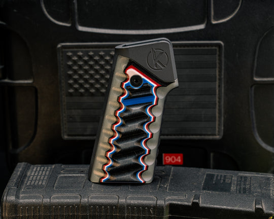 AR style Grip System - Black, Blue, White and Red G10 Over Jade G10, Gunmetal Grey Cerakote, Snake Grip