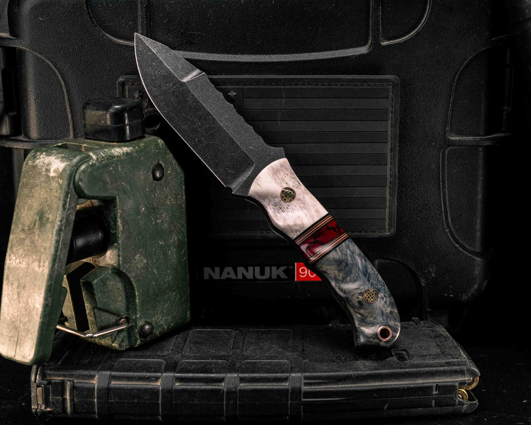 Disaster Cub Gen 3- Elk Antler, Black G10, Coyote G10, Ruby G10 and White G10 Pin Striping, Bloody Basin Tru-stone Split, Dyed Buckeye, Mosaic Pins, Copper Lanyard Pin, Textured Grip