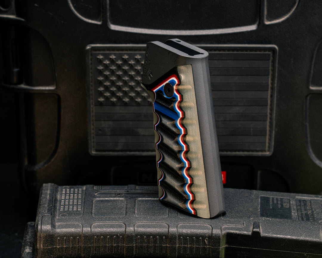 AR style Grip System - Black, Blue, White and Red G10 Over Jade G10, Gunmetal Grey Cerakote, Snake Grip