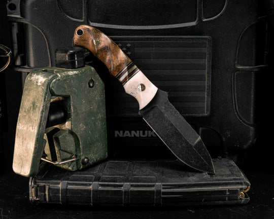 Disaster Cub Gen 3- Elk Antler, Black G10 and Brass Pin Striping, Desert Ironwood Split, Teak, Mosaic Pins, Brass Lanyard Pin, Textured Grip