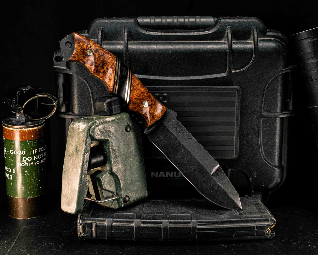 Disaster Breacher Gen 3- Lio's Blood Amboyna, Black G10 and Bronze Pin Striping, Black Canvas Micarta Split, Mosaic Pins, Textured Grip