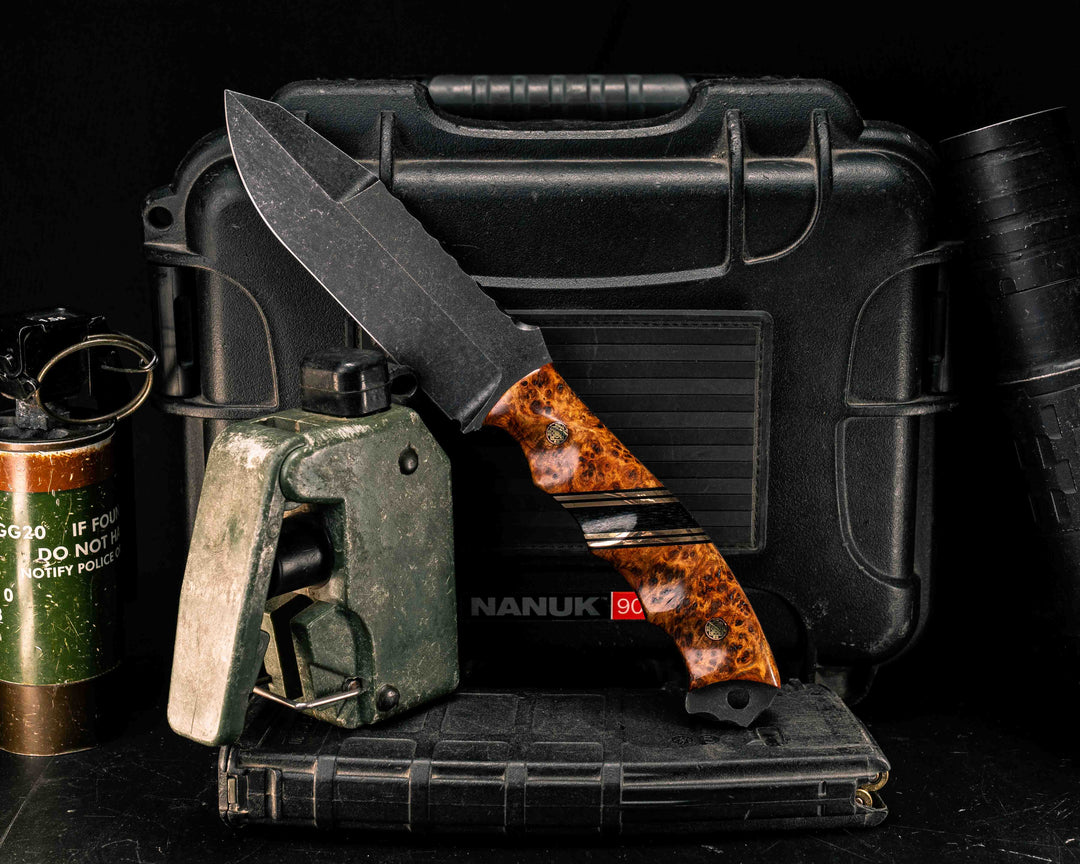 Disaster Breacher Gen 3- Lio's Blood Amboyna, Black G10 and Bronze Pin Striping, Black Canvas Micarta Split, Mosaic Pins, Textured Grip