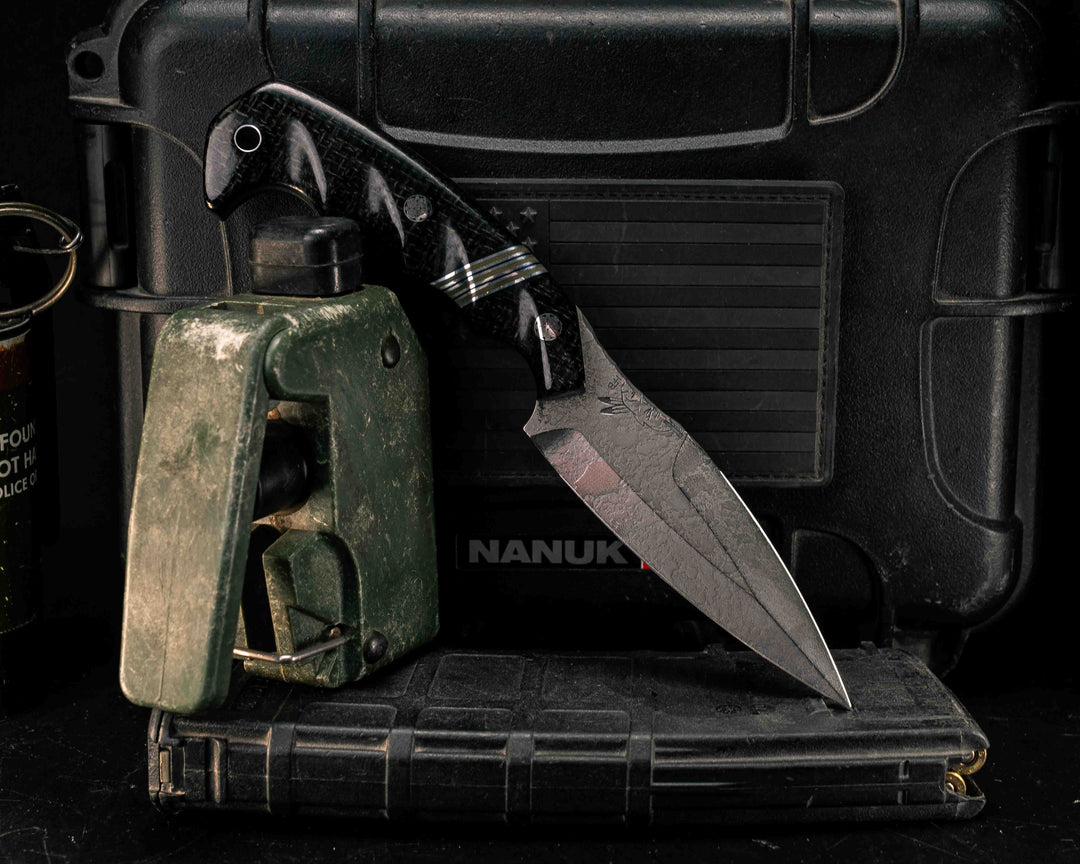 4" HUMINT- Black Burlap Micarta, Black G10, Aluminum and OD Green G10 Split, Mosaic Pins, Aluminum Lanyard Pin, Textured Grip