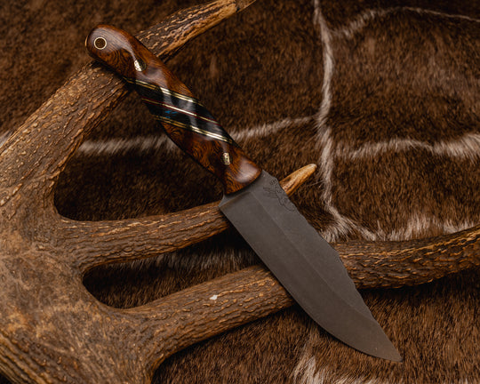 Crow Scout- Desert Ironwood, Black G10, Cherry G10 and Brass Pin Striping, Blue Dark Matter Carbon Split, Mosaic Pins, Brass Lanyard Pin, Textured Grip